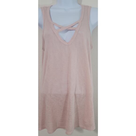 Bobeau Pink Blush Crisscross V Neck Slub Knit Tank Large Stretchy Hi Low Hem - Picture 1 of 5
